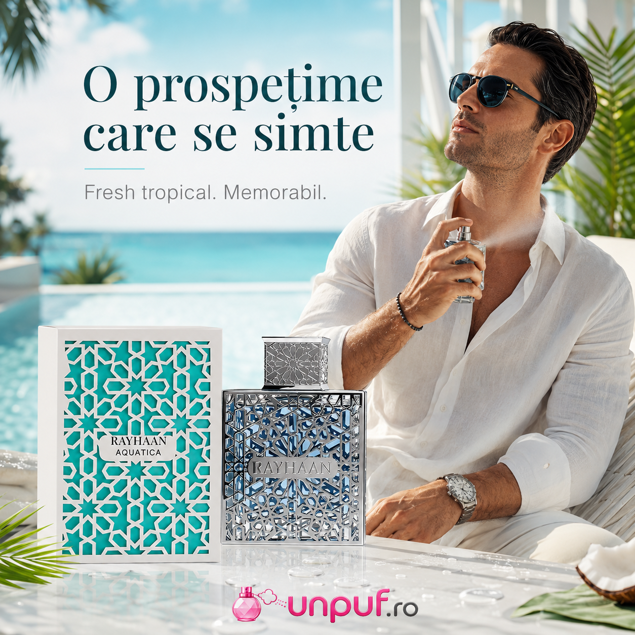 Parfum Arăbesc Rayhaan Aquatica EDP 100 ml pentru bărbați, flacon premium cu design argintiu și aromă fresh exotică
